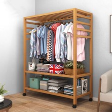 Bamboo Clothes Rail Scarf Cart Hanging Garment Coat Rack w 3 Tier Storage Shelf
