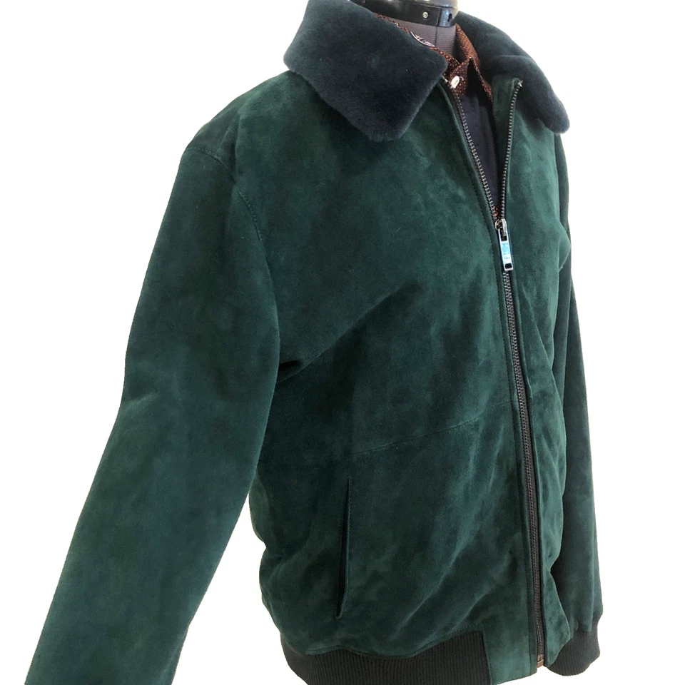 ZARA Men's M Green Goatskin Suede Bomber Aviator Jacket with Wool Collar - Image 2 of 4