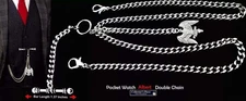 Very Strong Stainless Steel Pocket Watch Albert Double Chain With Ornate Fob.
