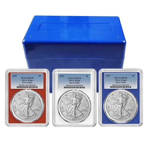 3pc Set - 2025 $1 1-oz American Silver Eagle PCGS MS70 FS Blue Label Red White