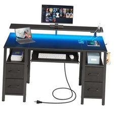  Computer Desk 47.2" with LED Lights & Power Outlets, Home 47.2 inch Black