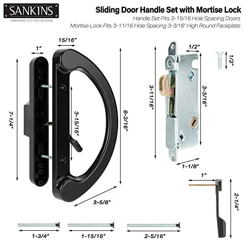 Sliding Patio Door Handle Pull Set with Mortise Lock - Black Diecast, Non-Keyed,