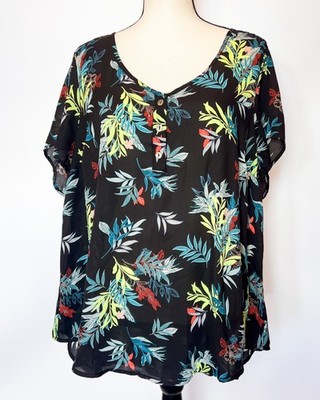 Torrid Size 1X Georgette Hi Low Button Detail Blouse Black Floral -FREE SHIPPING