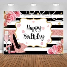 Sensfun 10x6.5ft Pink Floral Happy Birthday Backdrop for Women Glitter Rose G...