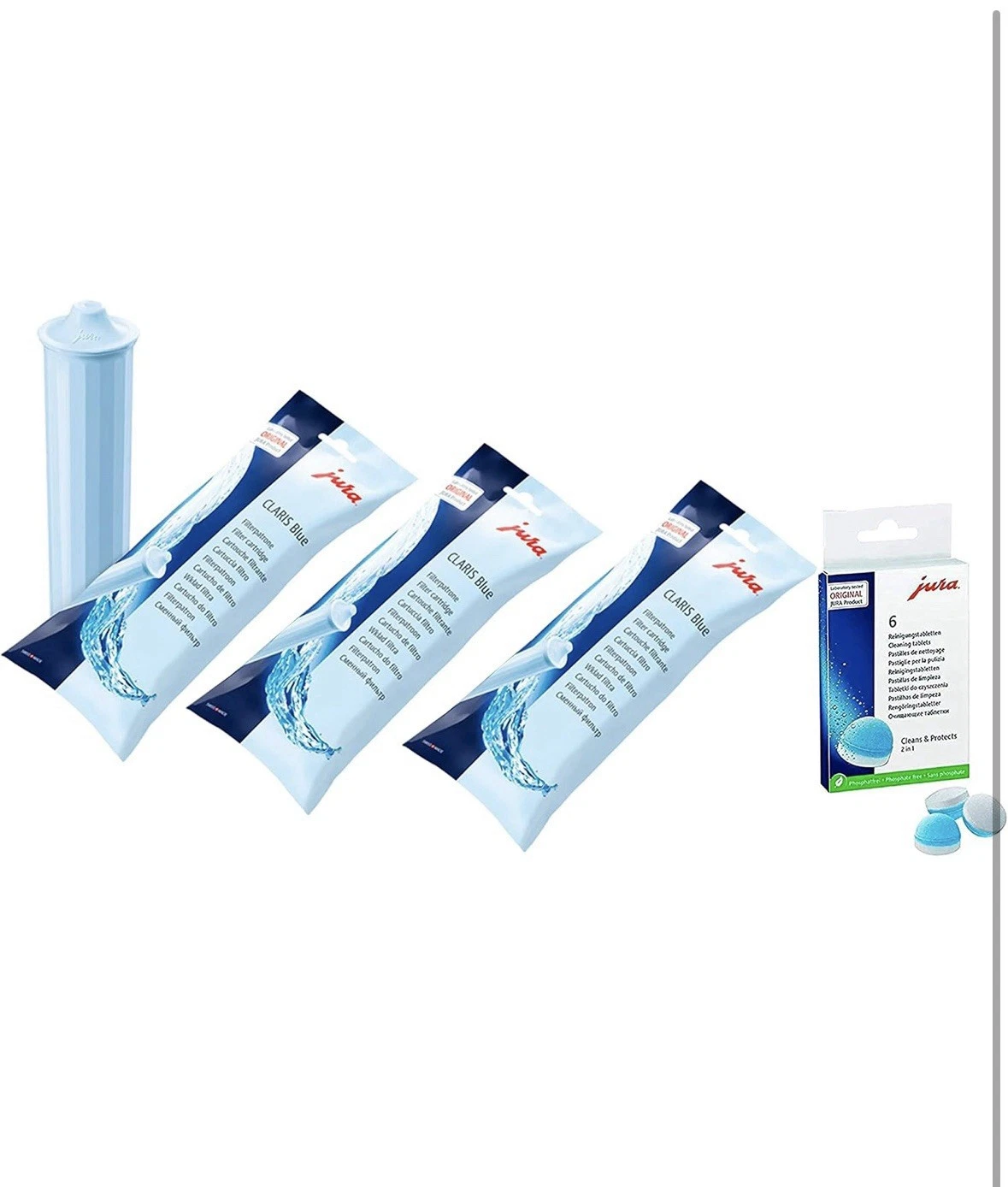 Jura Claris Blue Water Filter Cartridges (x3) and Cleaning 6 Tablets Combo Pack
