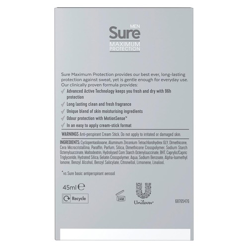 Sure Men Maximum Protection Clean Scent Anti-Transpirant Creme, 3er Pack, 45ml - Bild 8 von 11