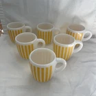Vintage Hazel Atlas Yellow Candy Striped White Milk Glass Mugs MCM Set of 6