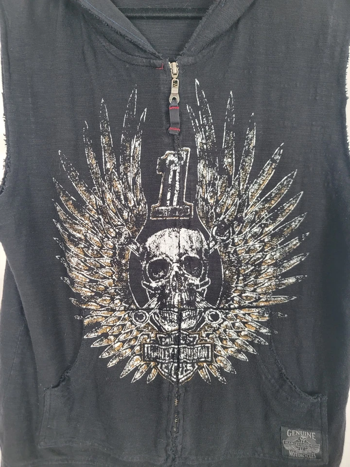Sudadera con capucha vintage Y2K Harley Davidson negra sin mangas cremallera calavera llamas para hombre grande Foto 2 de 4