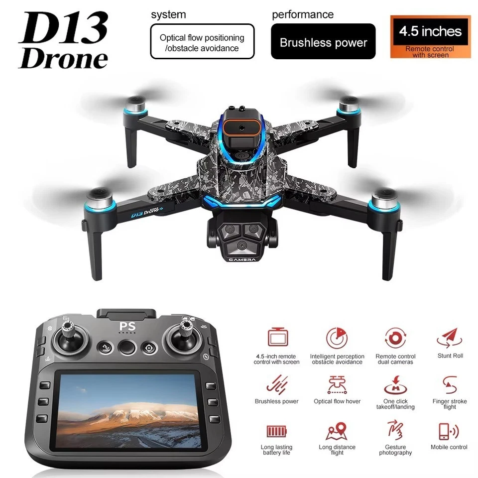 D13 4K Drone with 3 Cameras, 5G WiFi FPV, Screen Remote, Brushless Motor — 第 2/4 张图片