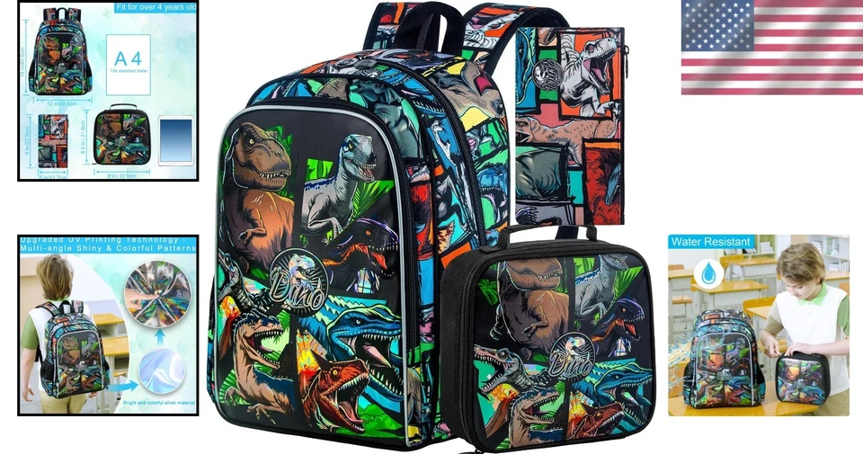 Cool 3PCS Dinosaur Backpack Set for Boys - Comfortable and Safe School Gear - Image 2 of 4