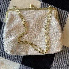 VTG White Pearl Beaded Purse Evening Wedding Holiday Romantic Elegant Gold Chain