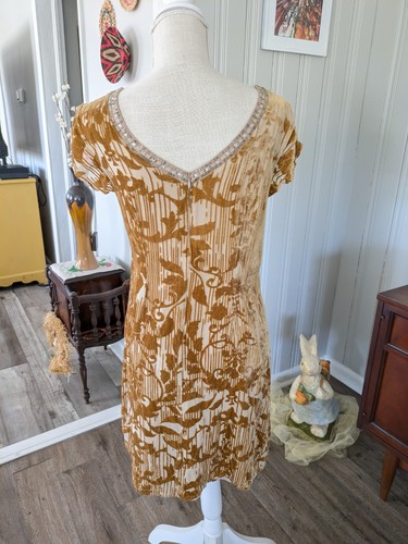 SUNDANCE Gold Velvet Burnout Floral Silk Blend Dress Size 6 Cap Sleeve Gorgeous - Picture 3 of 8