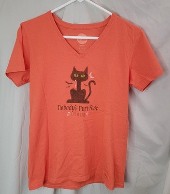 Life Is Good Women s Medium Coral V-Neck Cat Graphic Tee Nobody s Purrfect 
