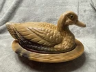 Vintage Glass 8” Duck On Nest Covered Dish Caramel brown marbled Slag