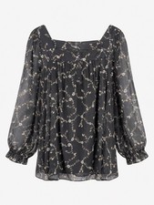 Cottagecore 2X Black Floral Sheer Balloon Sleeve Blouse Square Neck Prairie