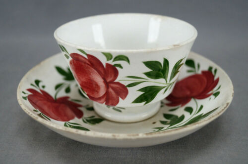British Adams Rose Type Enamel Pearlware Tea Bowl & Saucer Circa 1830-1840s E - Foto 1 di 11