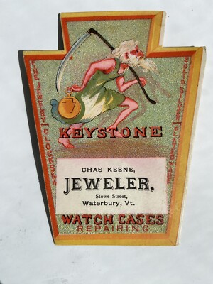 Victorian Die Cut Jeweler s Trade Card, Waterbury VT c1880s Keystone Watch A76