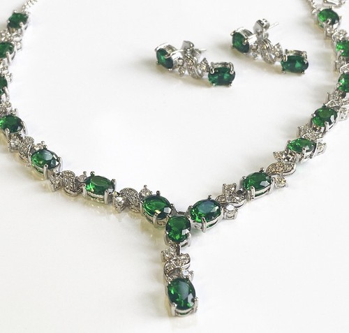 White gold finish green emerald and created diamond Necklace Earrings Giftboxed - Picture 3 of 8