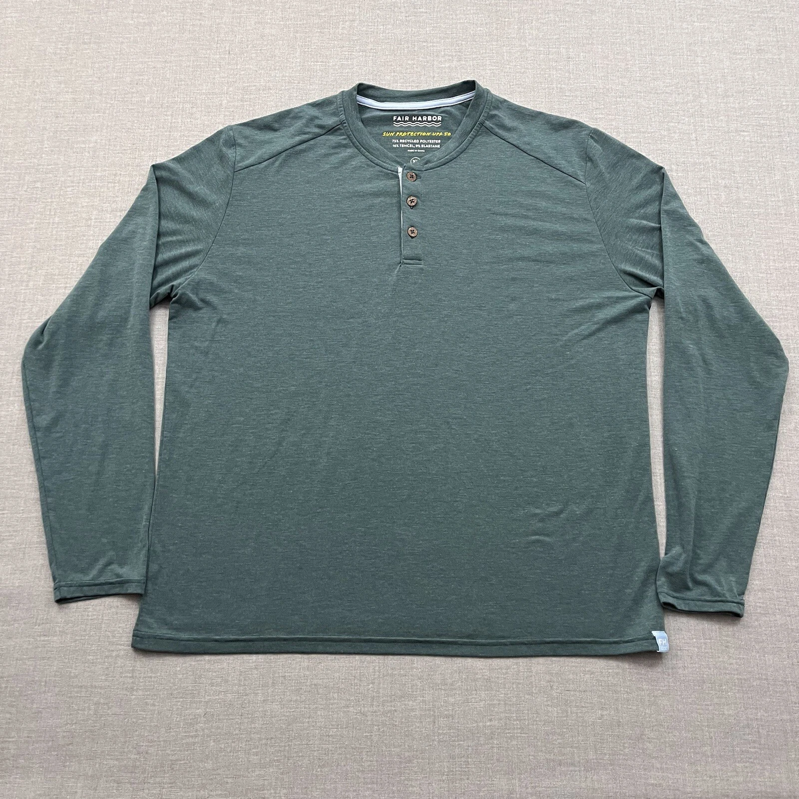 Fair Harbor Henley T-Shirt Mens XL Green Sun Protection UPF 50 Long Sleeve