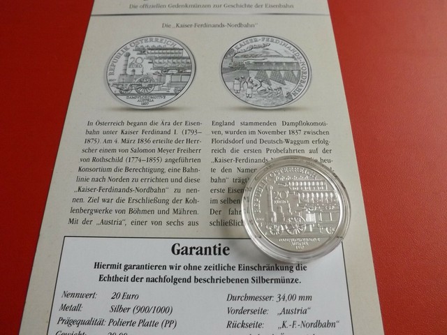 * Österreich 20 Euro 2007 Silber PP* DAMPFLOKOMOTIVE AUSTRIA 1837 (Schub104) * Österreich 20 Euro 2007 Silber PP* DAMPFLOKOMOTIVE AUSTRIA 1837 (Schub104)