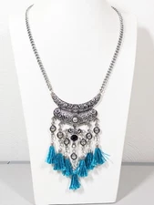 Charming Charlie Bali style Blue Tassel Layered Bib Statement Necklace 20 in