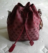 DOONEY BOURKE RED LEATHER TRIM SIGNATURE DB DRAWSTRING SHOULDER BAG Made in USA!