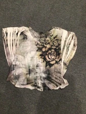 EUC women’s large top ivory black sage rose embellishments short sleeve *