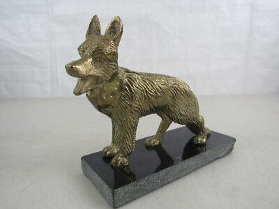 German Shepherd Cast Metal Figurine On Stone? Masonary? Base 6 3/4'' Length