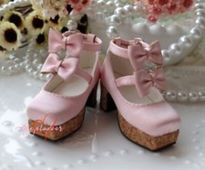 1/4 1/3 BJD Doll Square Toe Shoes Thick Sole High Heels Bows Real Silk Pink/Red