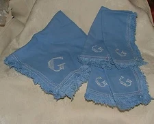 Baby Blue Bridge Cloth & 4 Napkins White Hand Embroidery Initial G Cross Stitch