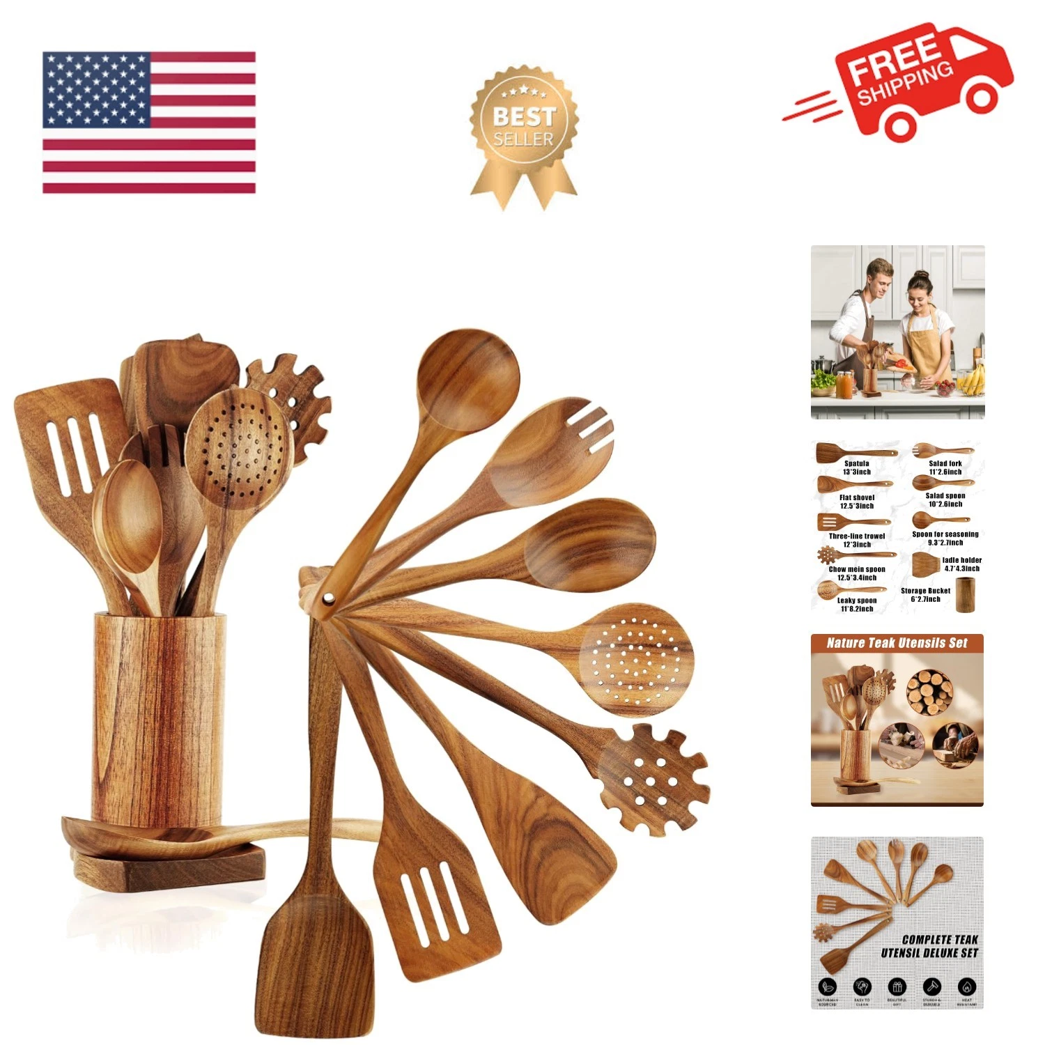 Wooden Spoons for Cooking, 10 Pcs Teak Wooden Cooking Utensil Set with Holder...