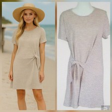 Neutral Striped Boho Tee Shirt Dress Swim Cover Up with Side Tie