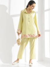 Women  s Pastel Yellow Embroidered Kurta Pant Set 2 Piece Co Ord Outfit NF-29 