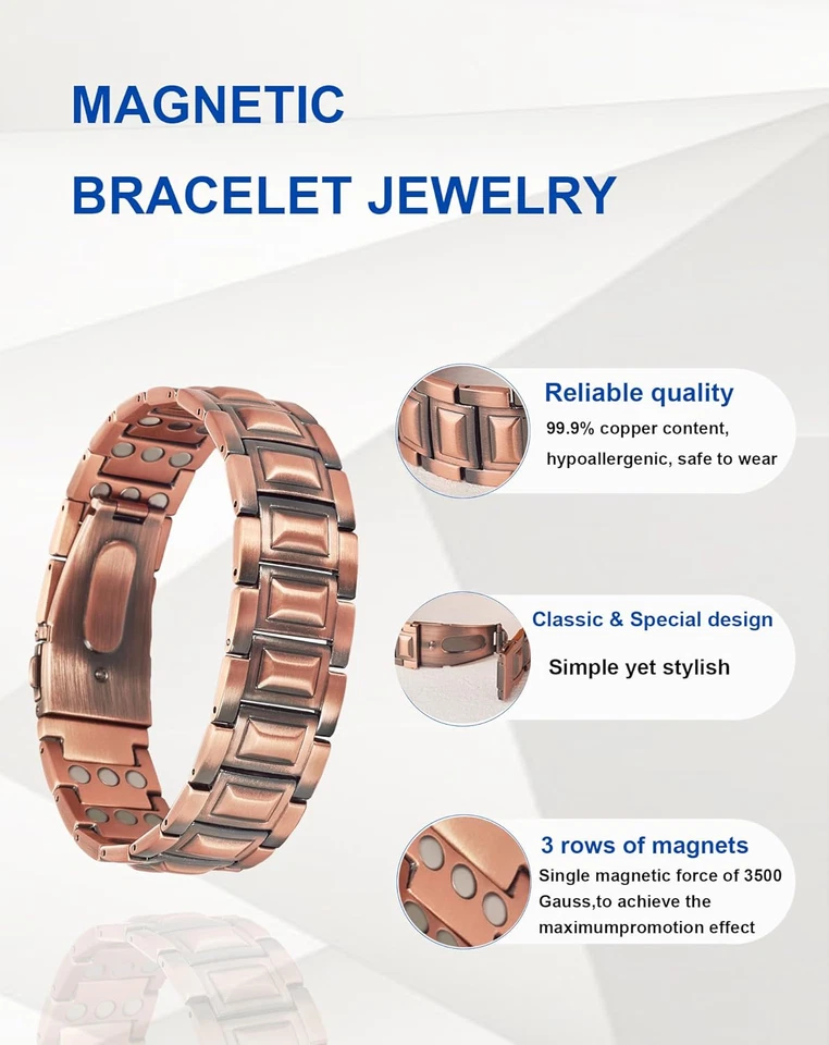 男士铜手链,纯铜磁性手链带三排 3500 Gaus — 第 3/4 张图片