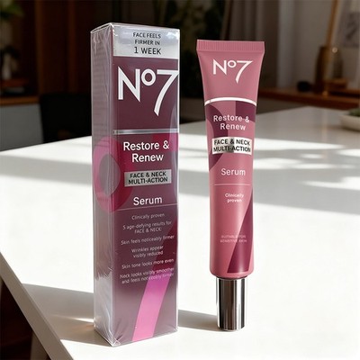 *No7 Restore & Renew Multi Action Face & Neck Serum 1.69 Oz New in Box Exp. 2027
