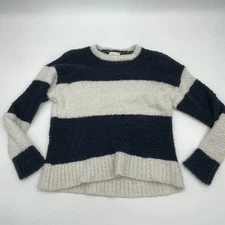 MELLODAY Sweater Blue White Striped Lux Soft Teddy Pullover Womens Size L 