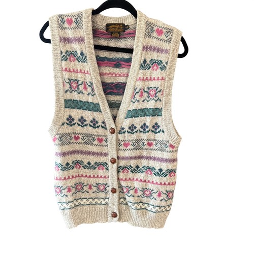 Vintage Eddie Bauer 90s Wool Blend Fair Isle Heart Sweater Vest Womens L Cottage - Image 1