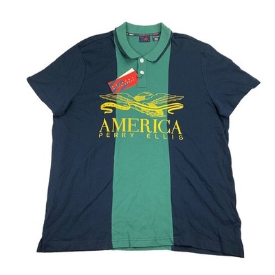 Perry Ellis Mens Colorblock Stripe Eagle America Logo Polo Shirt Green Navy 2XL