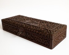 Antique Anglo Indian Relief Decorated Sandalwood Box With Key 19th-20th Century