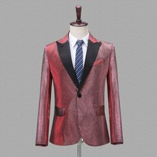 Mens One Button Single Breasted Suit Jacket Peak Lapel Blazer Dance Show