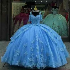 Blue Butterfly Quincenara Dresses Ball Gown Applique Lace Sweet16 Birthday Dress