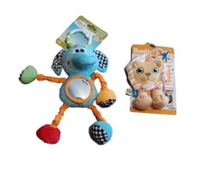 Plush Infant Seat or Stroller Clip Toy Rattle With Mirror + Pacifier Grip NEW