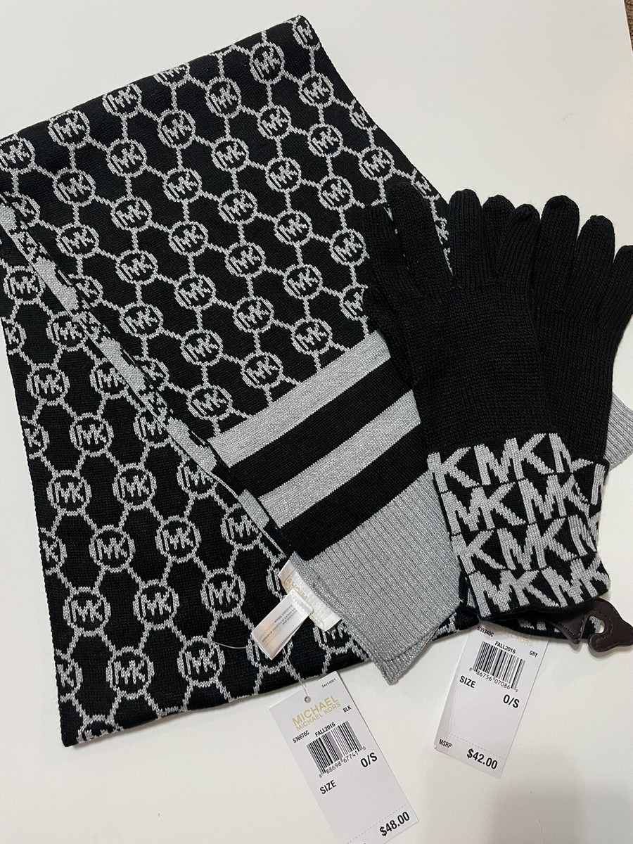 NEW Michael Kors Women's MK Logo Hat And Scarf Set Black Gray