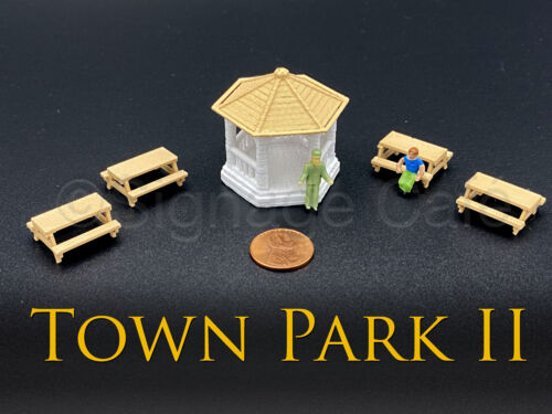 5 pc Town Park HO Scale 3D Gazebo, Picnic Tables Model Railroad Train Scenery - Picture 1 of 5