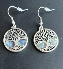 Vintage Silver Tone Tree Of Life Pierced Hook Earrings 1” Blue Green Swirl MOP