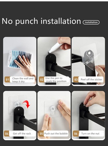 Toallero autoadhesivo riel de toalla montado en pared 90° plegable almacenamiento de toallas - Imagen 12 de 14