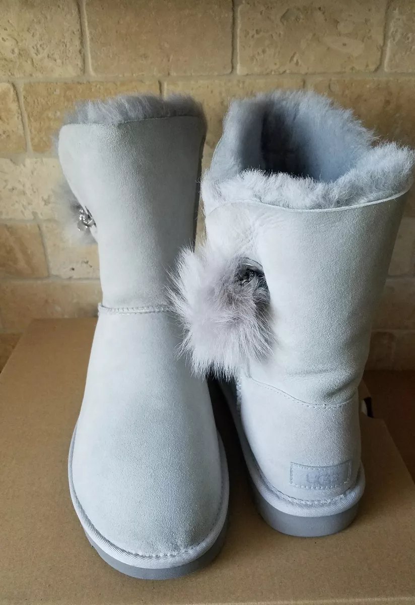 UGG Irina Swarovski Crystal Pin Toscana Pom Pom Grey Violet Boots Size 10 Womens