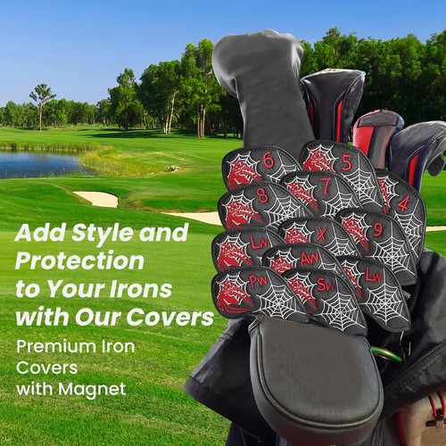 Spider Embroidery Golf Iron Head Covers 12 Pack Leather Club Headcover