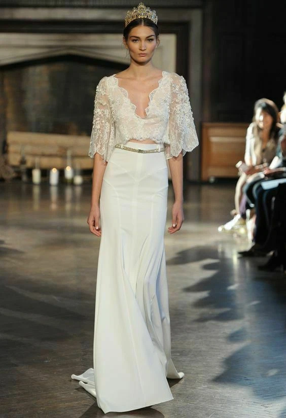 Vestido de novia boho vintage con cuentas romántico de dos piezas espalda abierta playa vestido de novia Foto 2 de 4