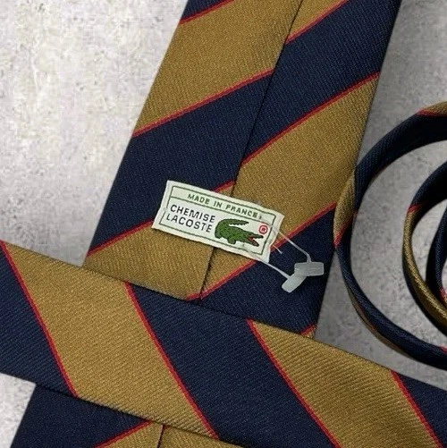 NUEVA LACOSTE Corbata de Seda ITALIA Azul Marino Dorado Rayas Logo W:3.5" Foto 2 de 4